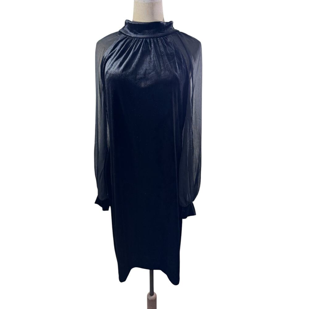 NEW!! "Calvin Klein" Black‎ Velvet Dress Sheer Sleeve SZ 14  Dark Romance Classy